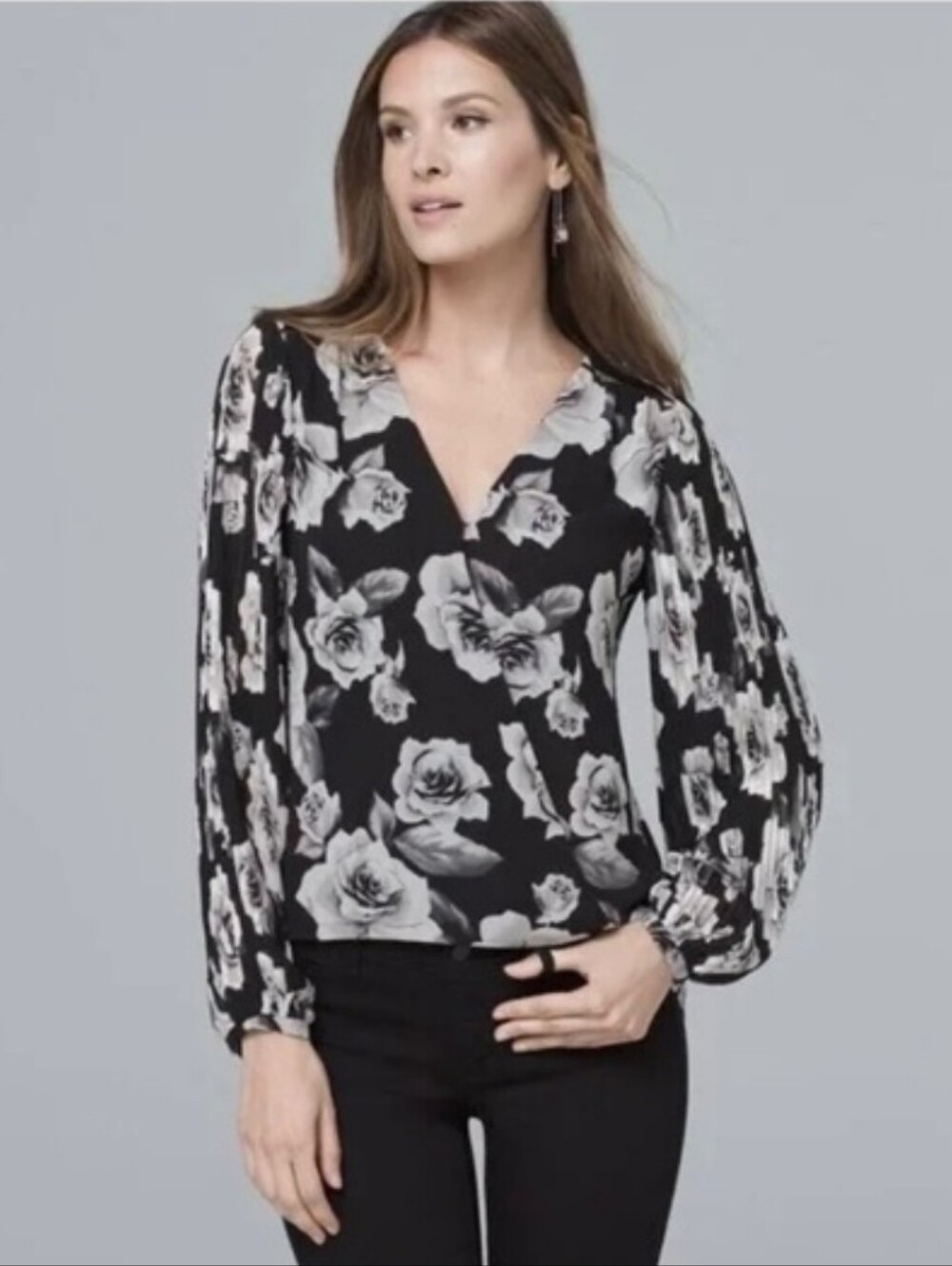 White House Black Market Rose Floral Pleat Sleeve Blouse Top Black Gray Sz 14